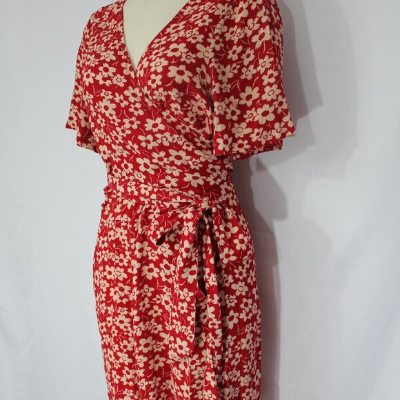 Madewell Wrap-Front Romper in Mini Daisy short sleeve women red white  size 12 - Picture 7 of 10